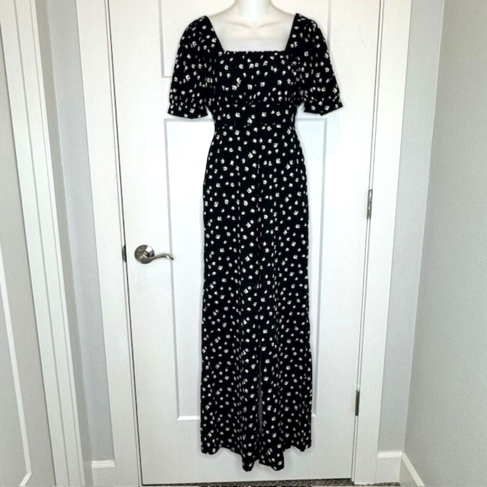 LULUS BLACK & WHITE FLORAL PUFF SLEEVE WIDE LEG JUMPSUIT SIZE XS NWOT
